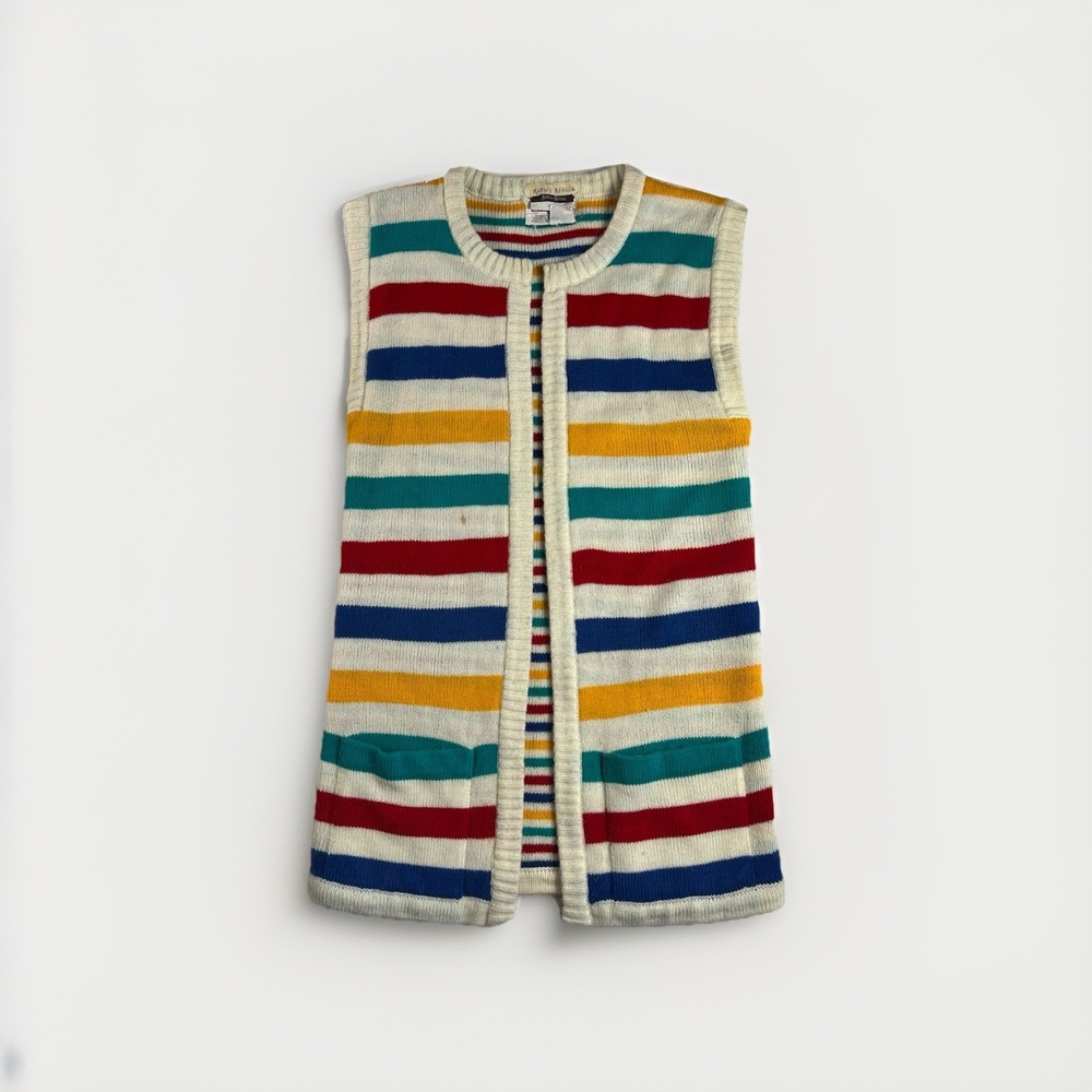 VTG Collage Neiman Marcus Long Cardigan Sweater Vest Colorful Rainbow Stripe